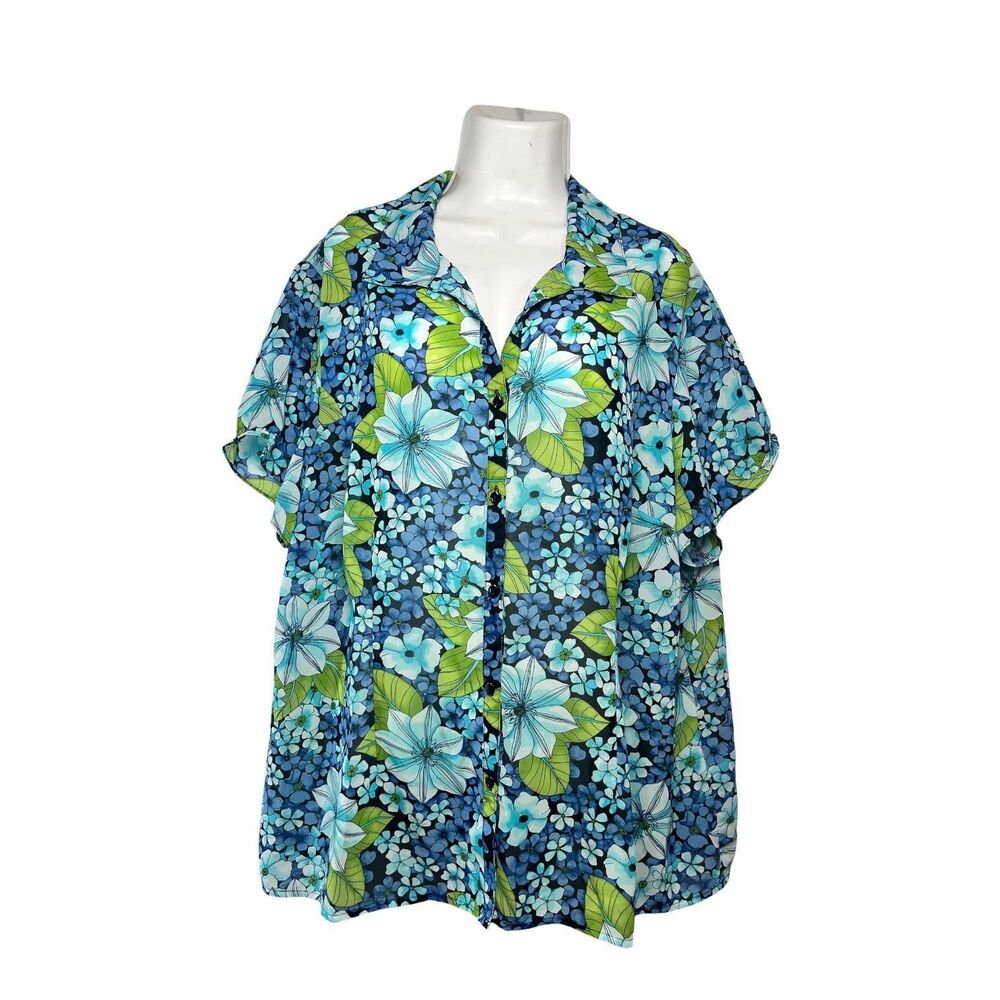 Sag Harbor Woman Blouse Sheer Floral 2X Blue Green Short Sleeve Button Up Top